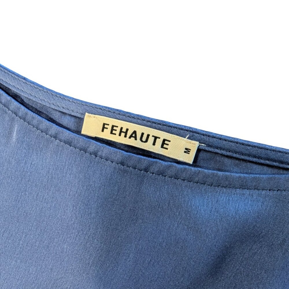 FEHAUTE Satin Wrap Waist Dress M Blue One Shoulder Satin A-Line Midi Dusky Blue - Picture 7 of 8